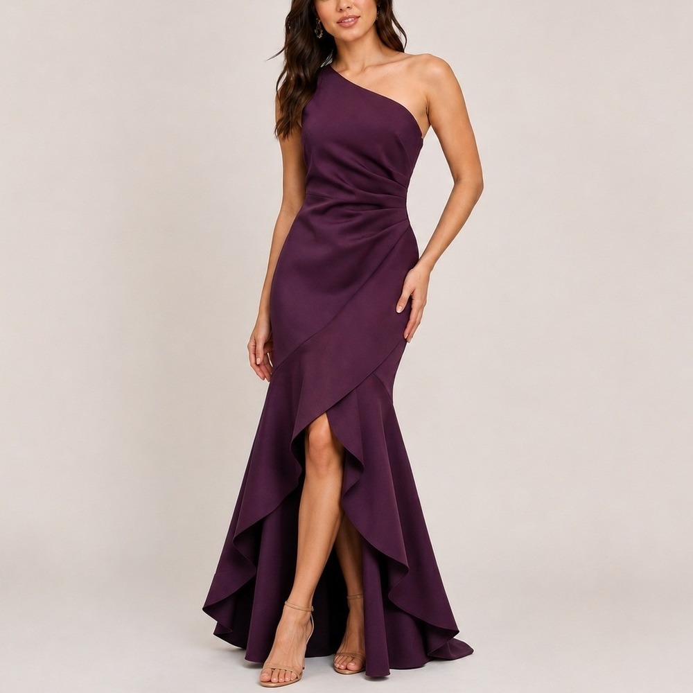 Eliza J One Shoulder Ruffle Gown 2 Plum Purple Mermaid Evening Dress